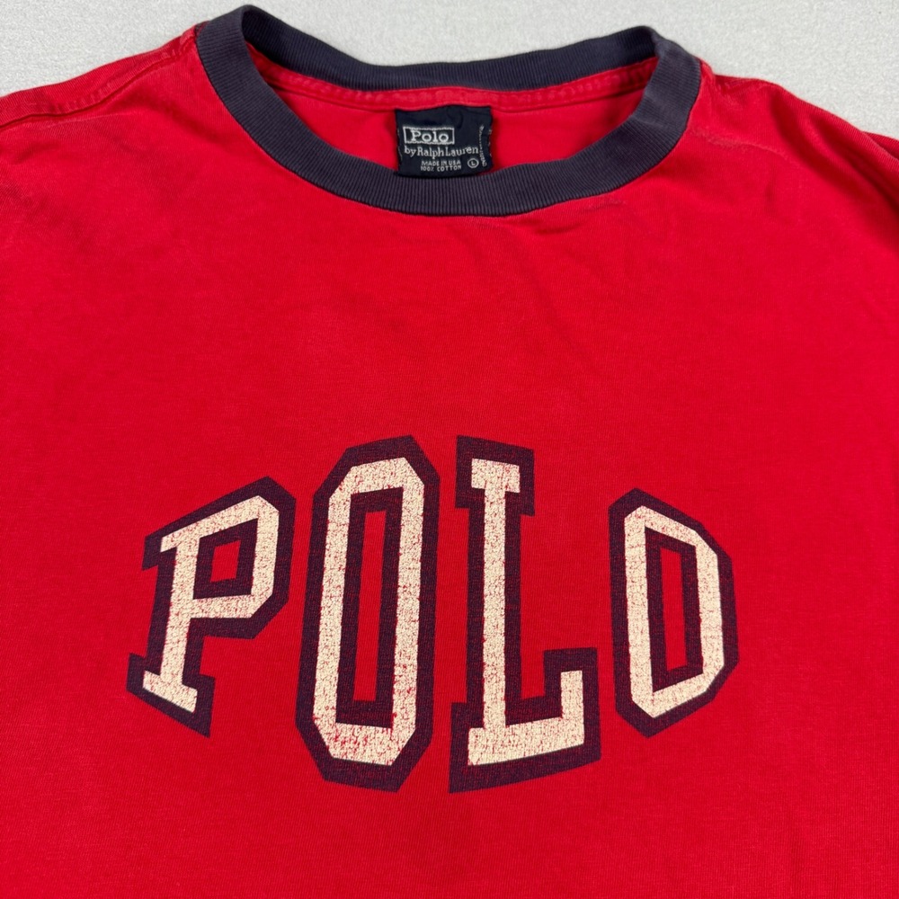 Polo Ralph Lauren Vintage Ringer T-Shirt Red Navy Blue Spellout 67 Mens Large - Picture 3 of 9